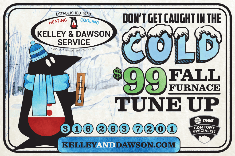 Kelley & Dawson cold-weather furnace tune-up ad featuring Tempy